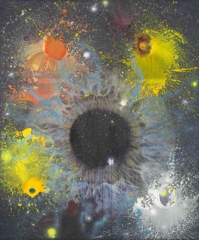 Exoplaneten über Schwarzes Loch. Iris, 2019/20/21 | Acryl, Digitaldruck/Leinwand | 230 x 190 cm | WVZ 2791
