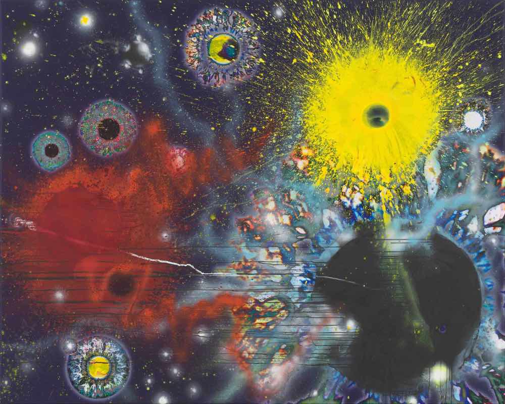 8 Planeten. Materie - Antimaterie. Blackhole, 2021 | Acryl, Digitaldruck/Leinwand | 160 x 200 cm | WVZ 2792